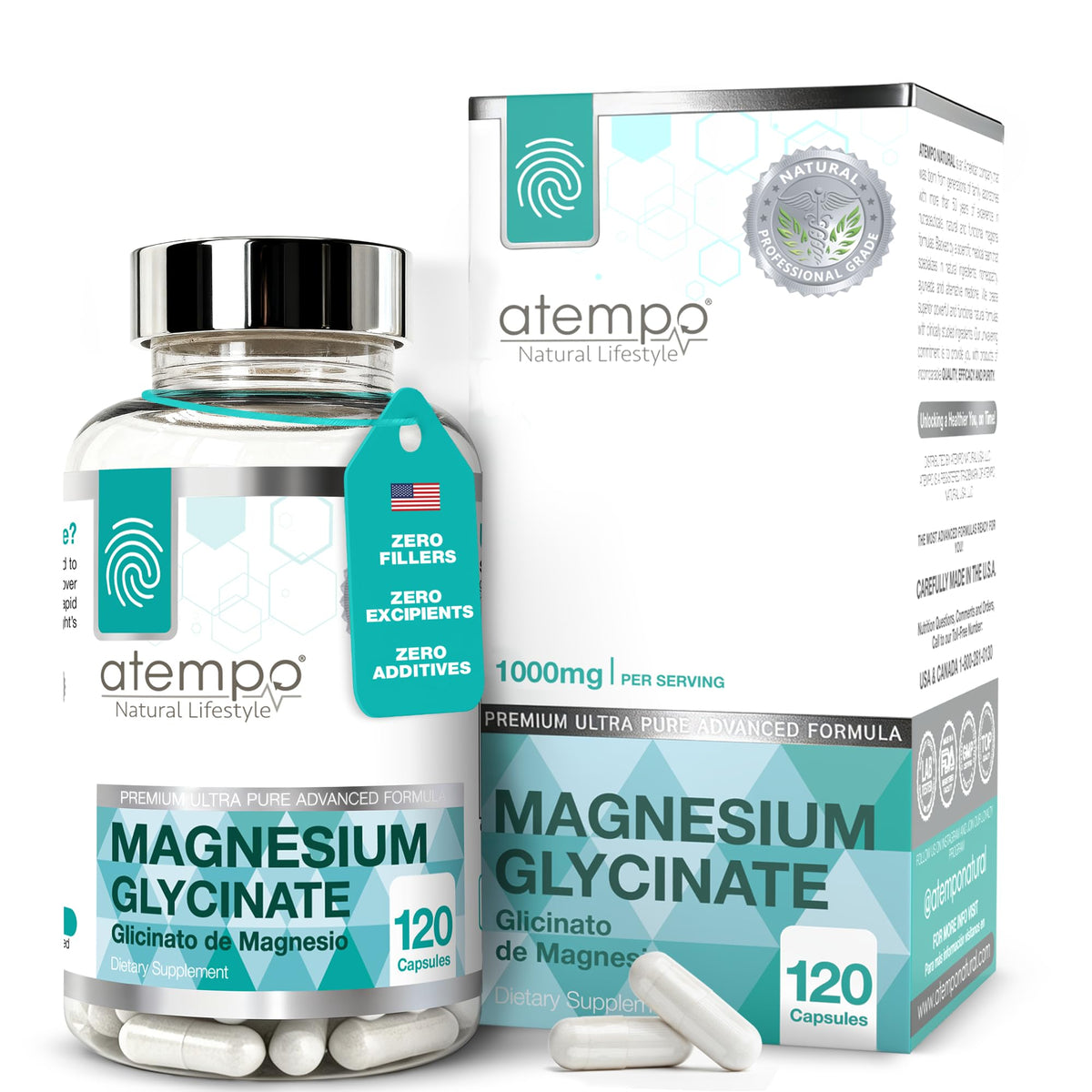 Flacon de capsules de magnésium glycinate ATEMPO 1000mg, 120 unités
