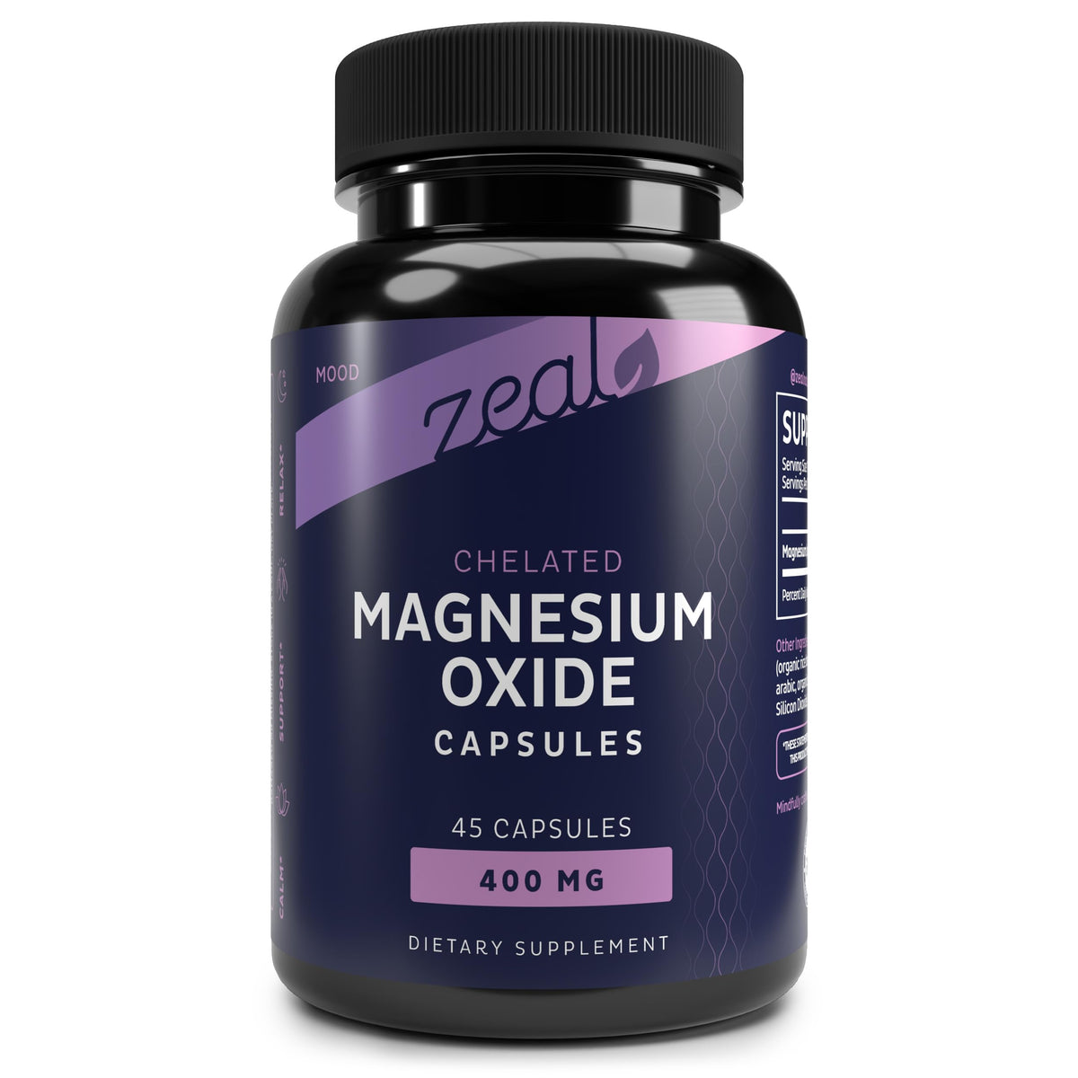Flacon de capsules de magnésium oxyde 400mg Zeal Naturals vue de face