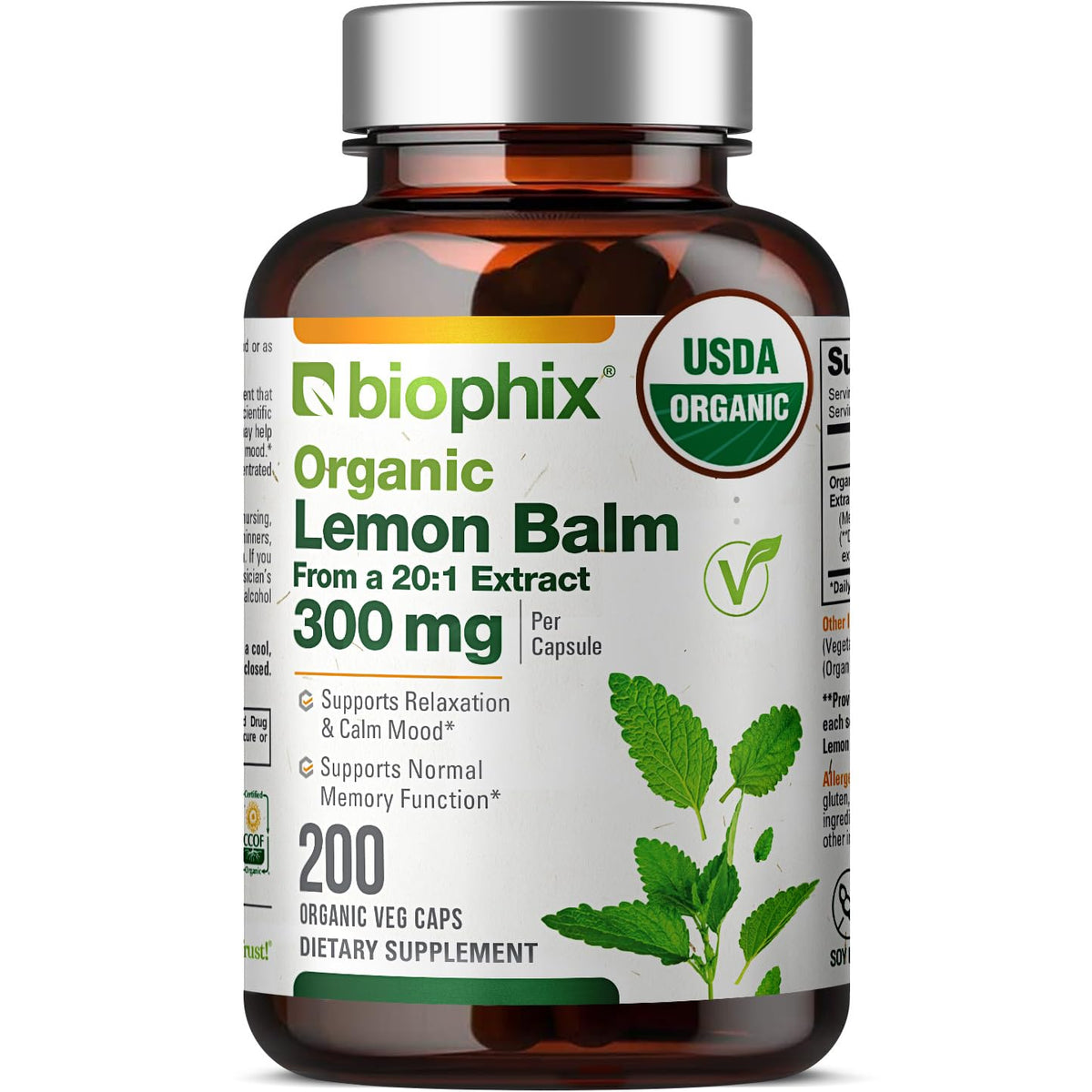 Flacon de capsules de mélisse biologique biophix, 200 capsules végétales