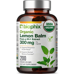 Flacon de capsules de mélisse biologique biophix, 200 capsules végétales