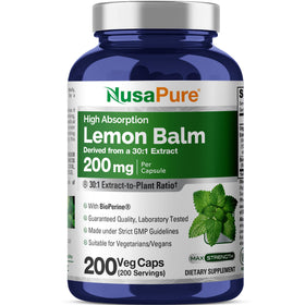 Flacon de capsules de mélisse NusaPure 200mg vue de face