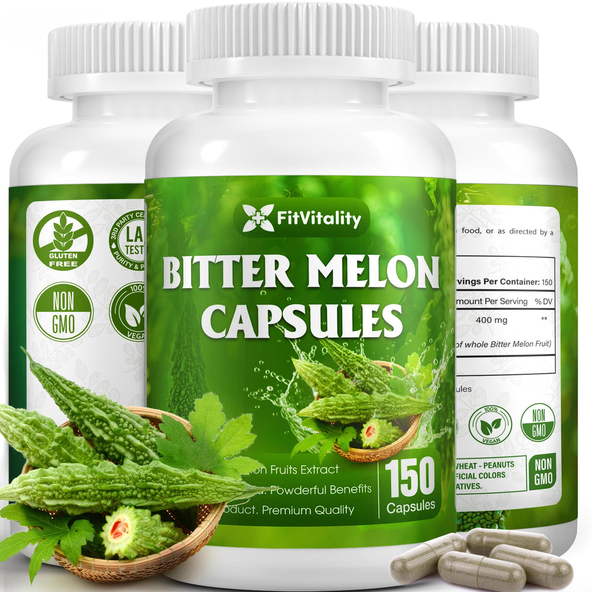 Flacon de capsules de melon amer FitVitality, 150 capsules