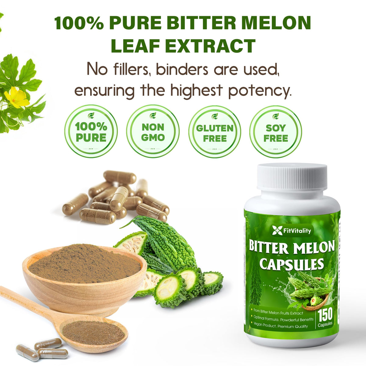 Flacon de capsules de melon amer FitVitality avec étiquette visible