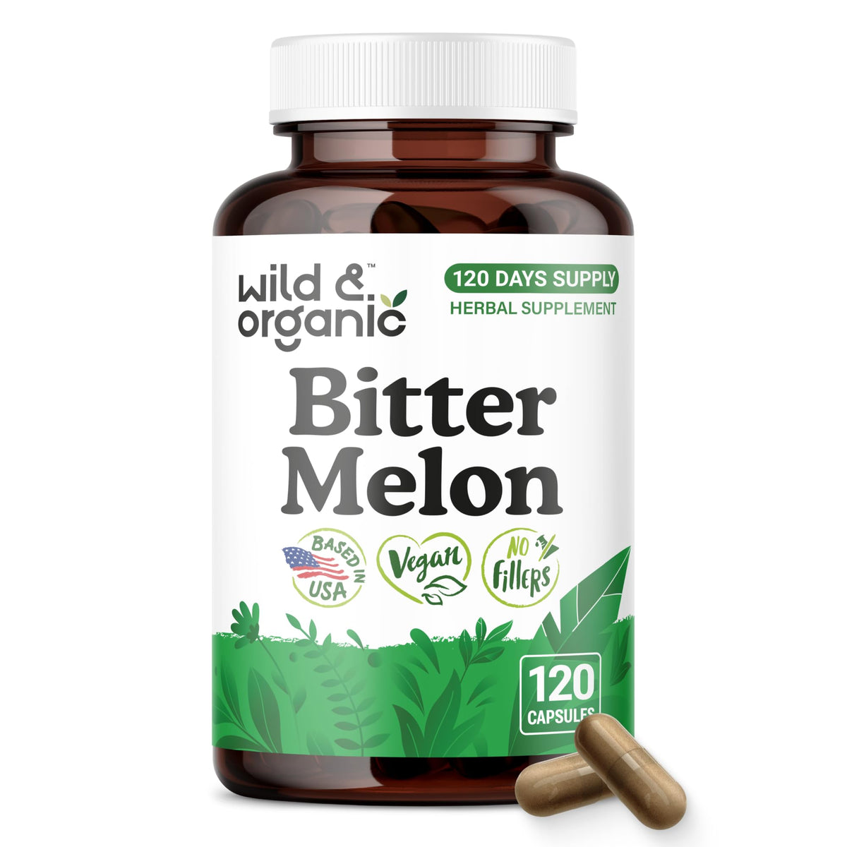 Flacon de capsules de melon amer Wild & Organic, 500 mg, 120 comprimés