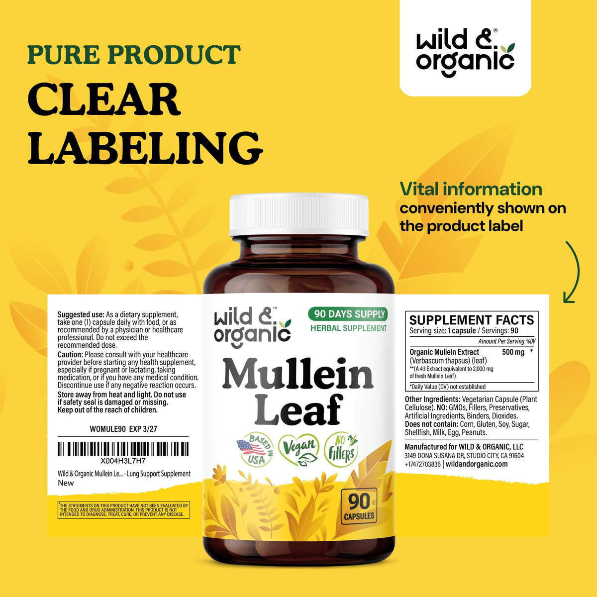 Flacon de capsules de molène Wild & Organic avec ses dimensions