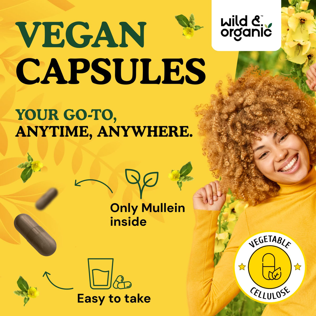 Flacon de capsules de molène Wild & Organic ouvert avec capsules visibles