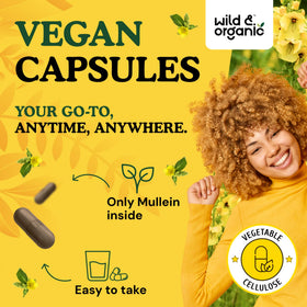 Flacon de capsules de molène Wild & Organic ouvert avec capsules visibles