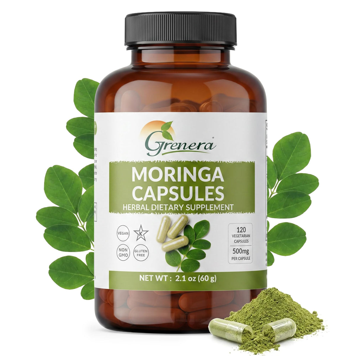 Flacon de capsules de moringa Grenera 500mg vue de face