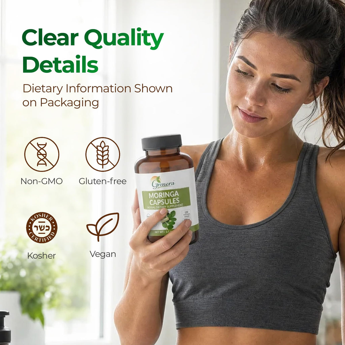 Flacon de capsules de moringa Grenera sur une table en bois