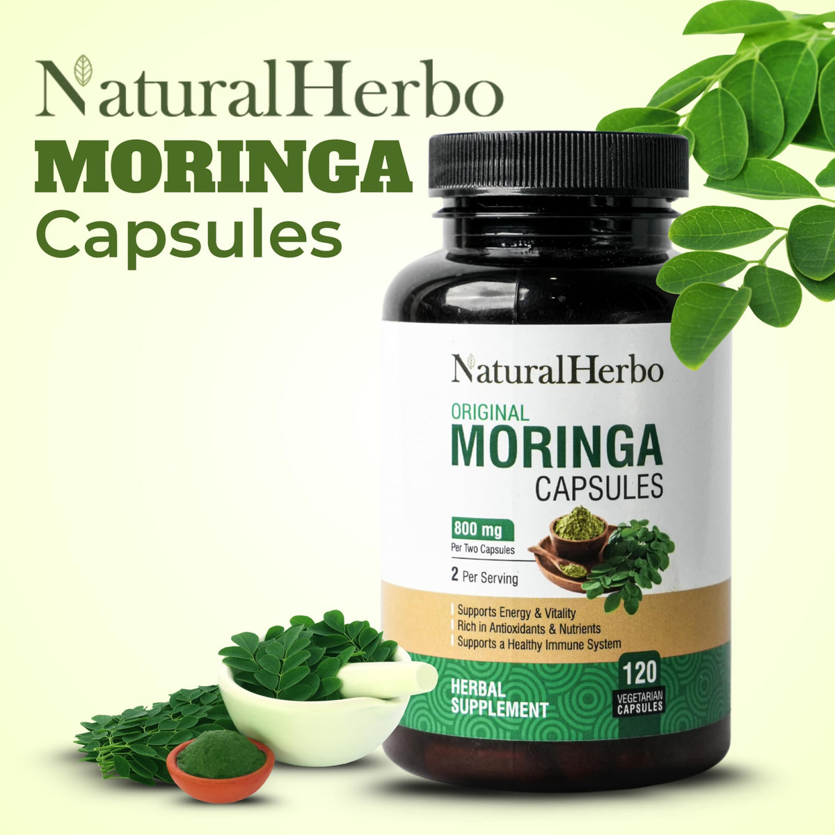 Flacon de capsules de Moringa Pur NaturalHerbo avec étiquette
