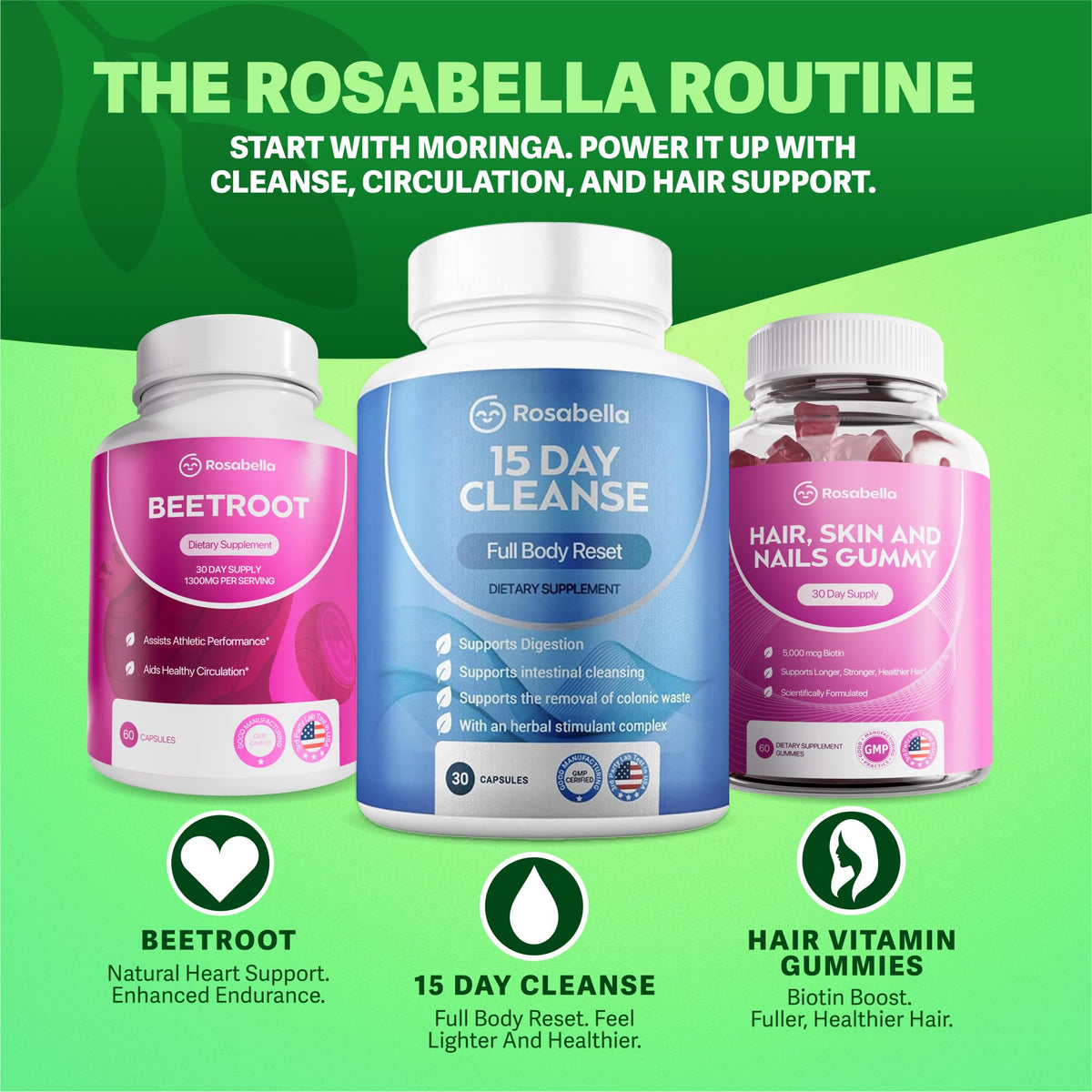 Flacon de capsules de moringa Rosabella avec arrière-plan naturel