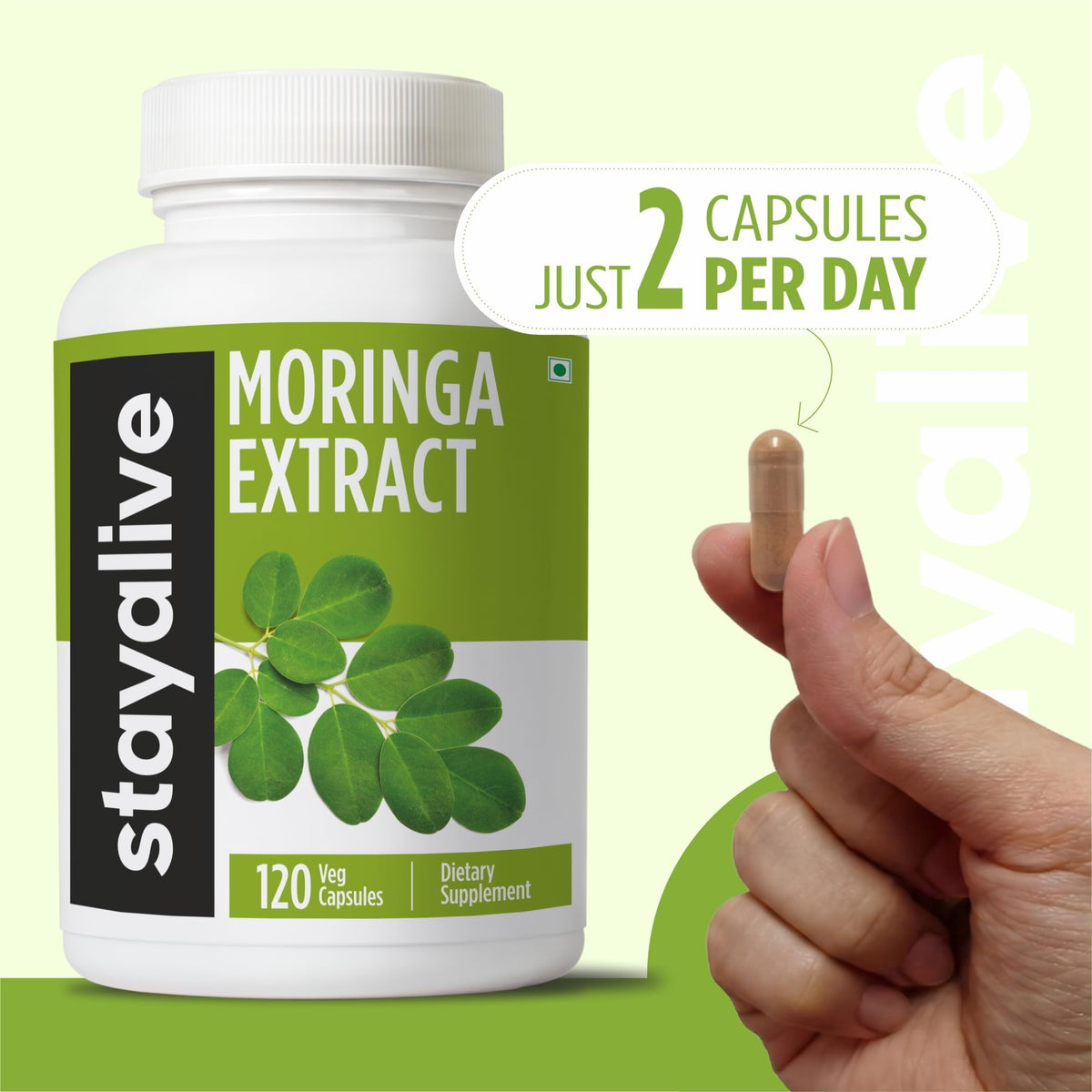 Flacon de capsules de Moringa STAY ALIVE avec dimensions