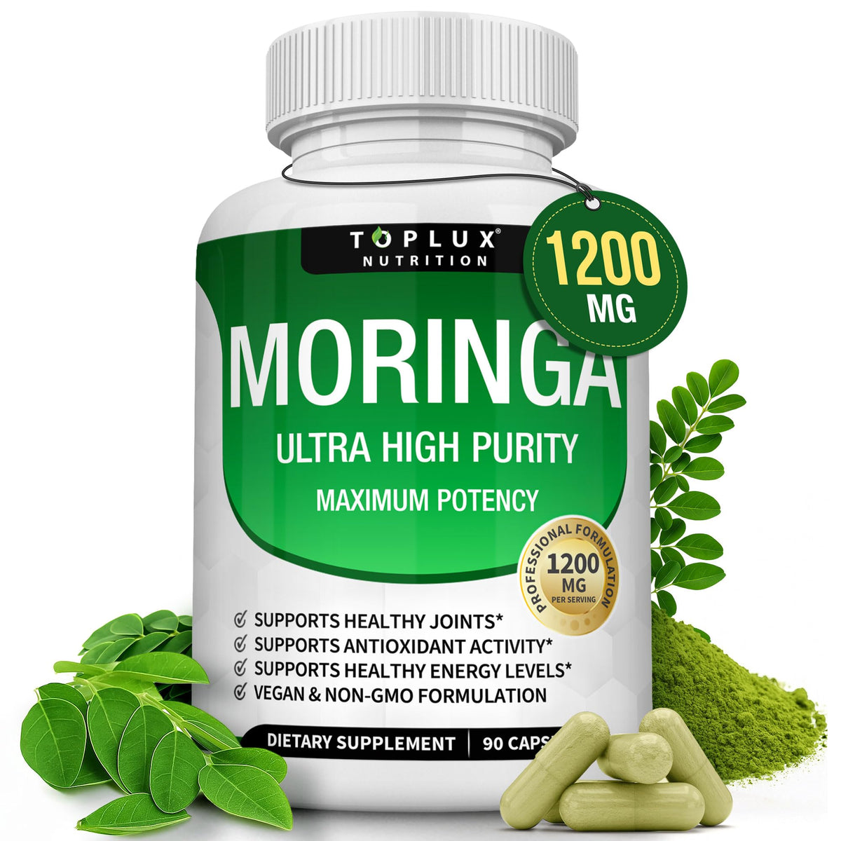 Flacon de capsules de Moringa Toplux 1200mg, vue de face