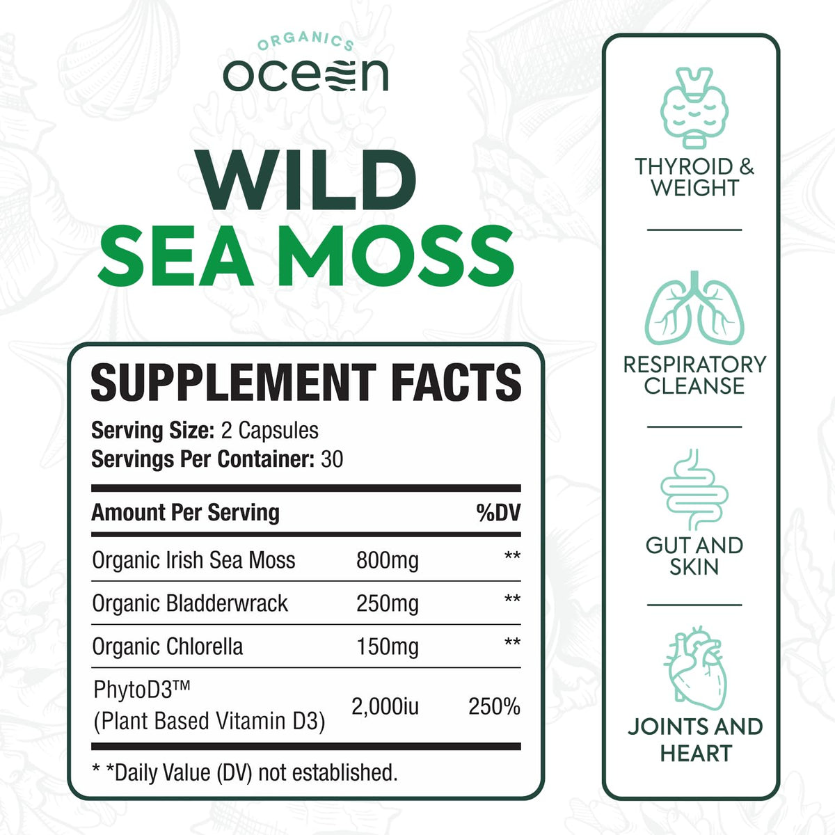 Flacon de Capsules de Mousse de Mer Bio Organics Ocean vue de côté