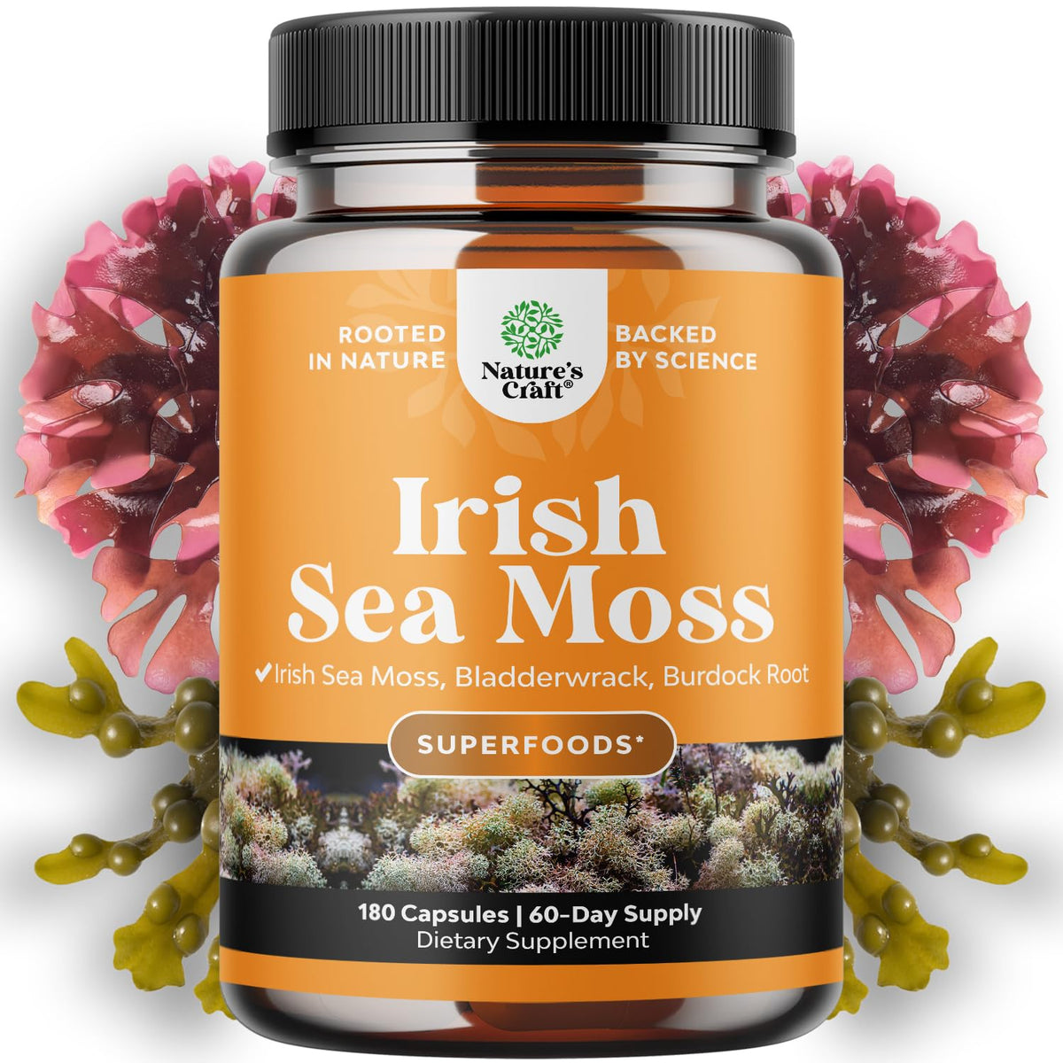 Flacon de capsules de mousse de mer Natures Craft vue de face