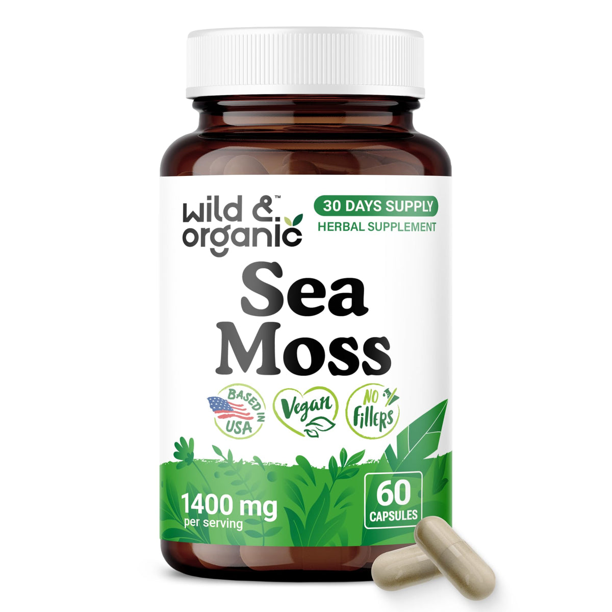 Flacon de capsules de mousse de mer Wild & Organic de 60 unités