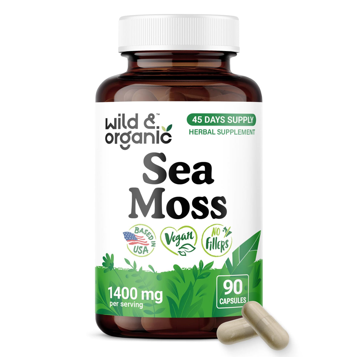 Flacon de capsules de mousse de mer Wild & Organic vue de face