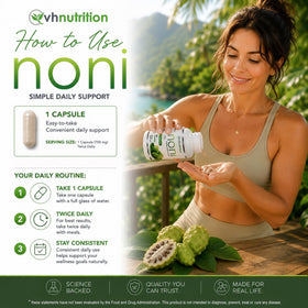 Flacon de capsules de Noni sur une table en bois
