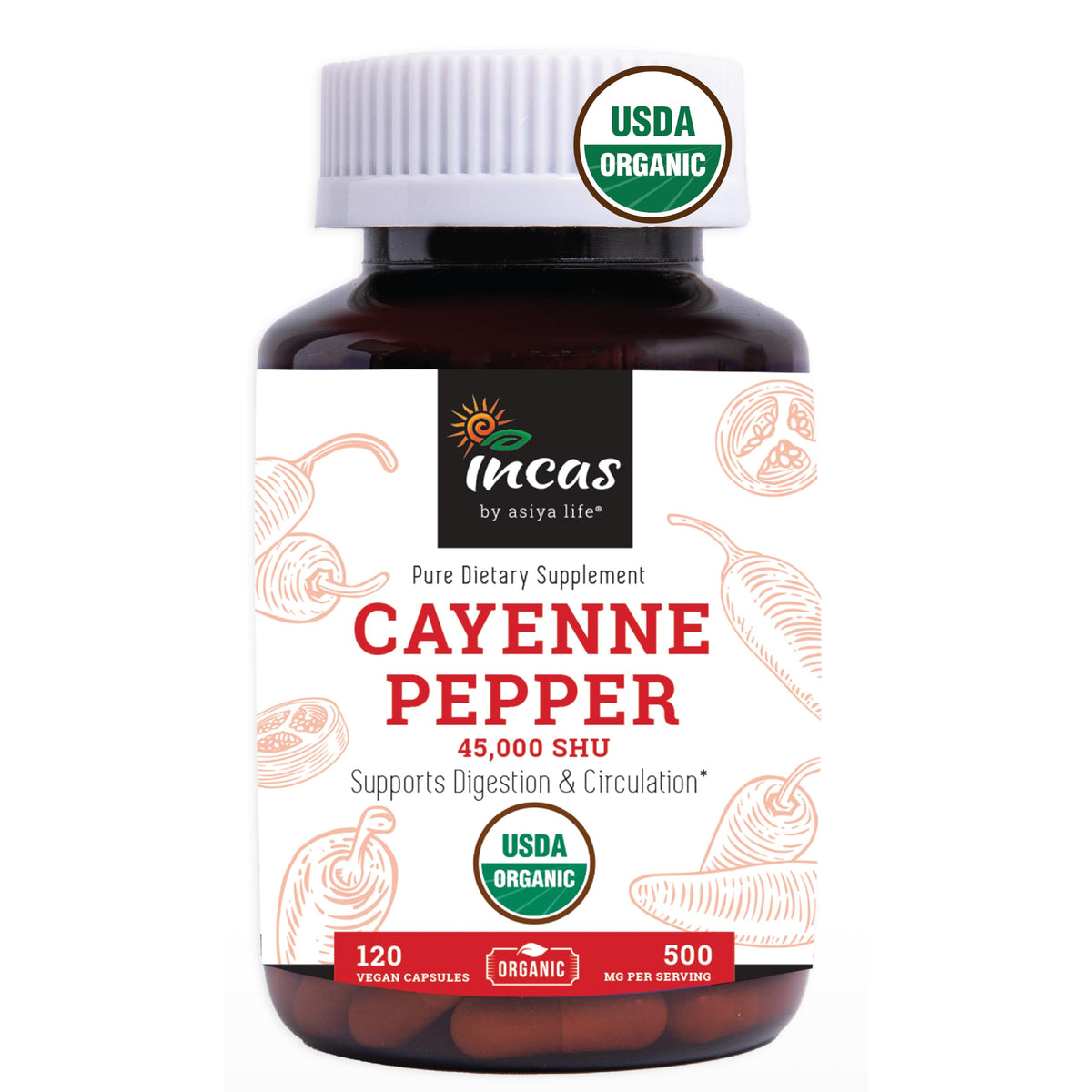 Flacon de capsules de poivre cayenne Incas 120 capsules 500mg