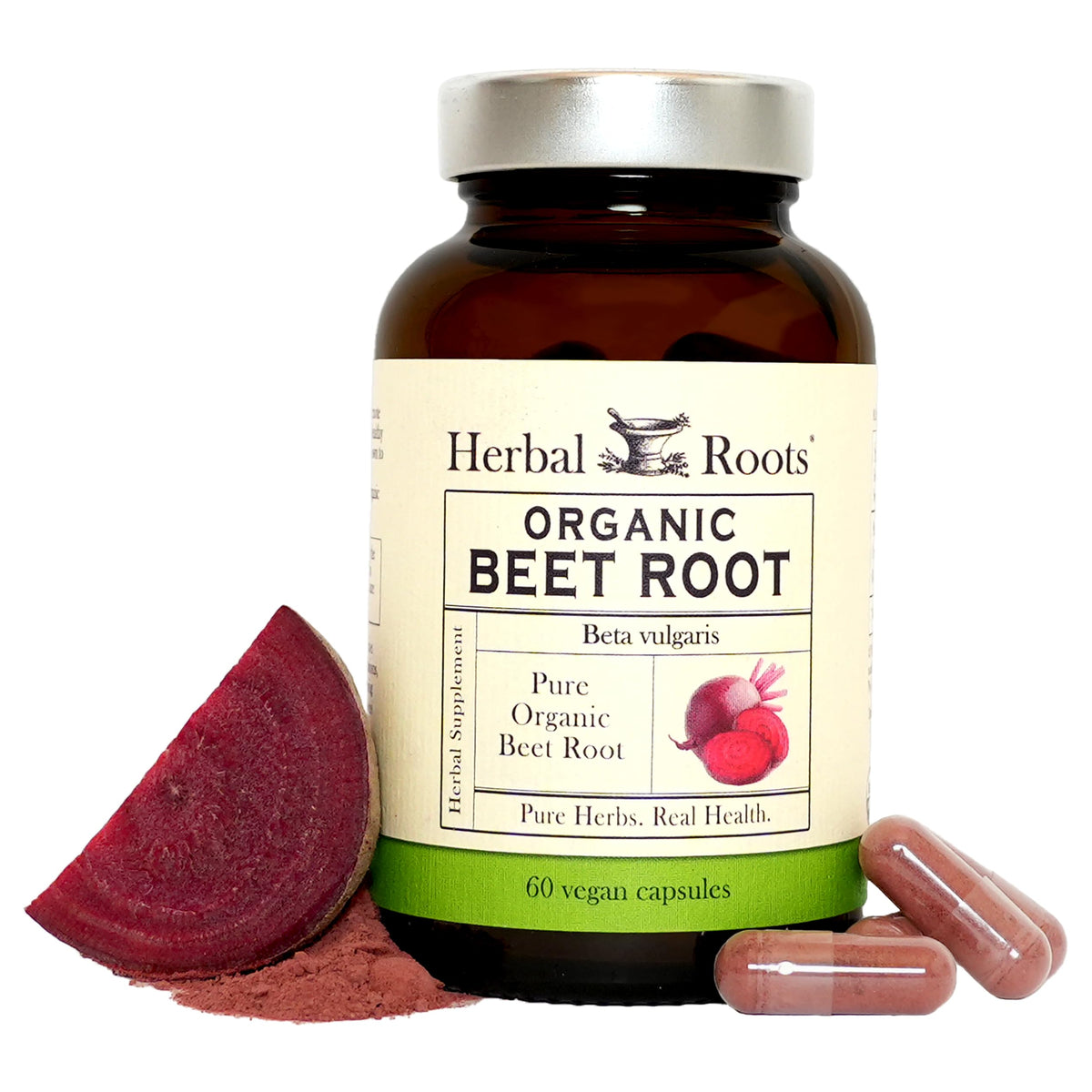 Flacon de capsules de poudre de betterave bio Herbal Roots, avant