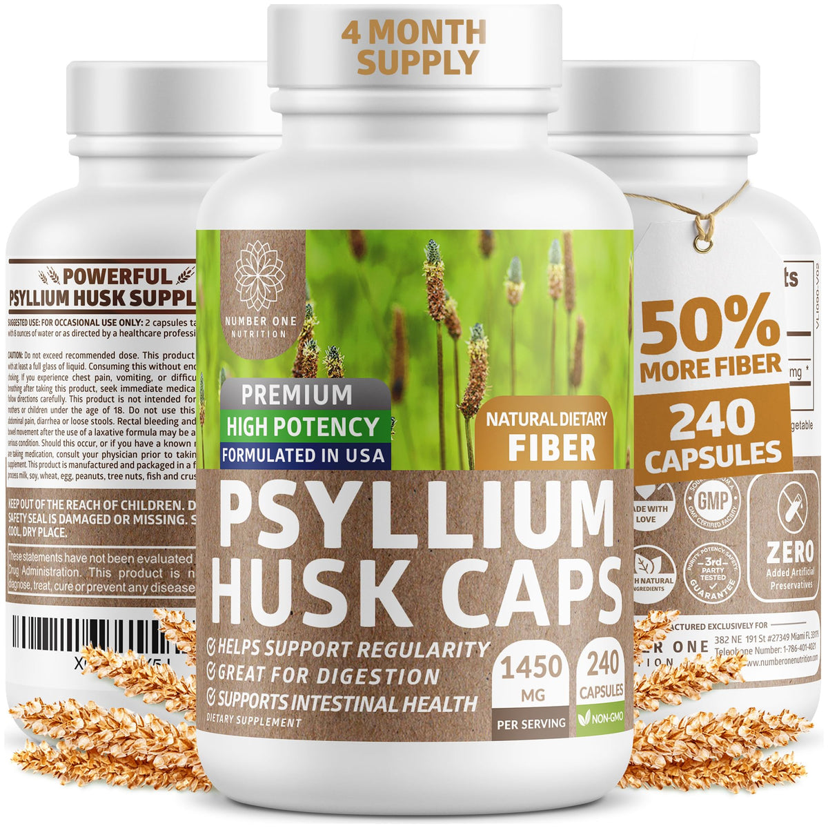 Flacon de capsules de psyllium 1450mg Number One Nutrition vue de face