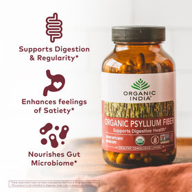 Flacon de capsules de psyllium bio ORGANIC INDIA, étiquette visible