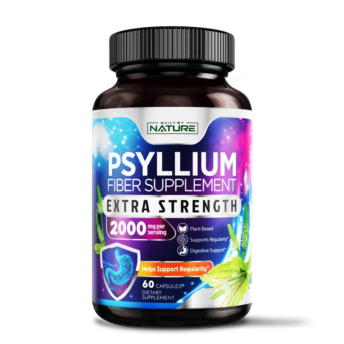 Flacon de capsules de psyllium Built by Nature 2000mg, 60 capsules