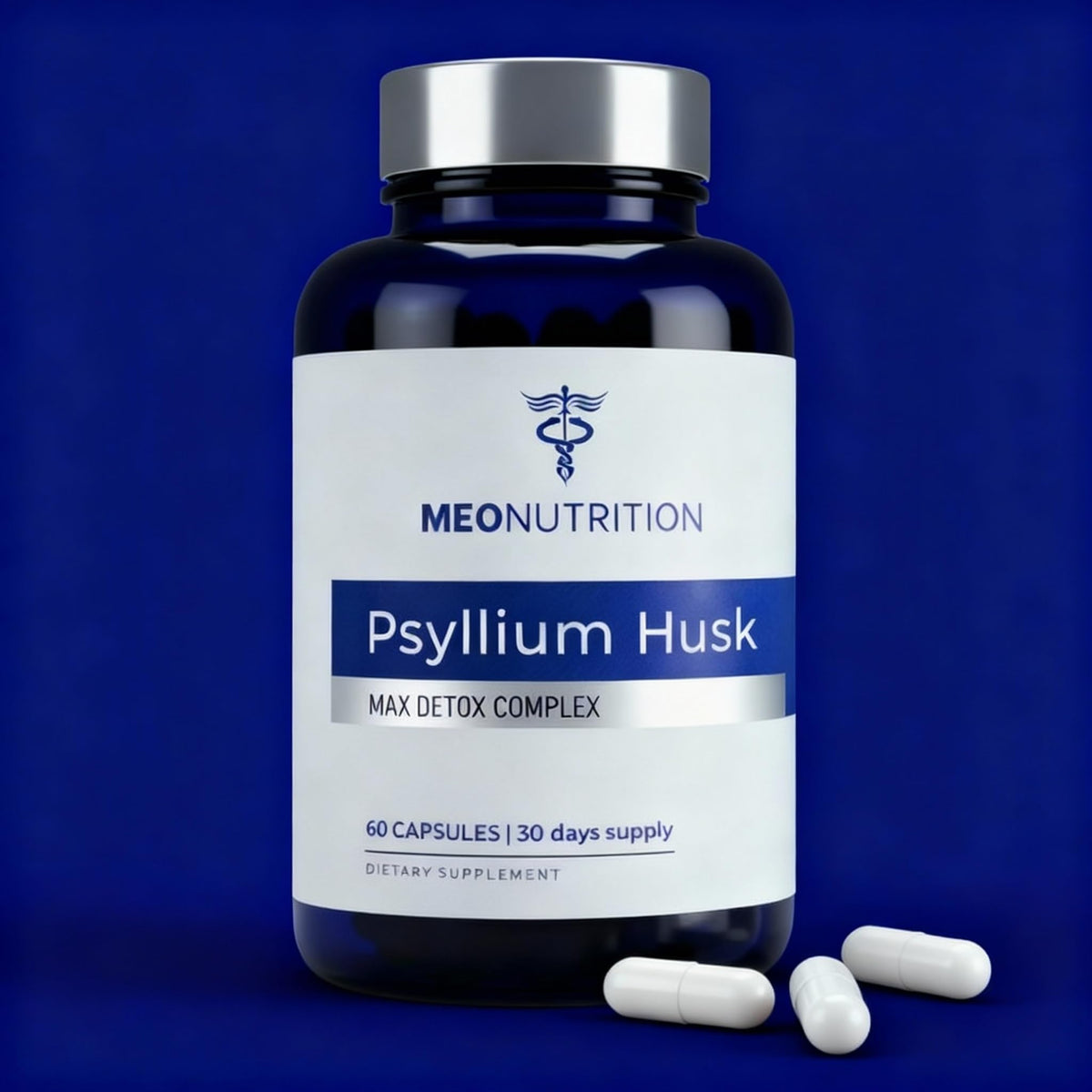 Flacon de capsules de psyllium Meo Nutrition avec étiquette visible