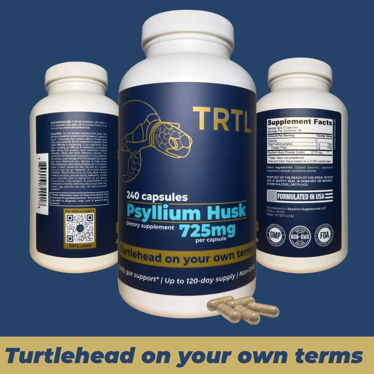 Flacon de capsules de psyllium TRTL avec dimensions du produit