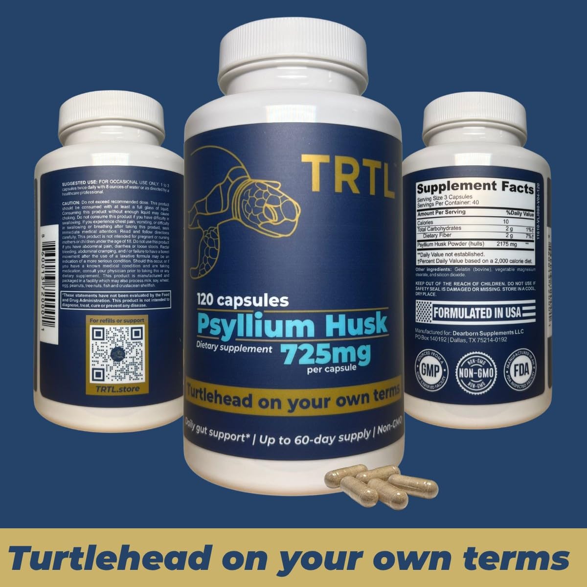 Flacon de capsules de psyllium TRTL Supplements avec étiquette visible
