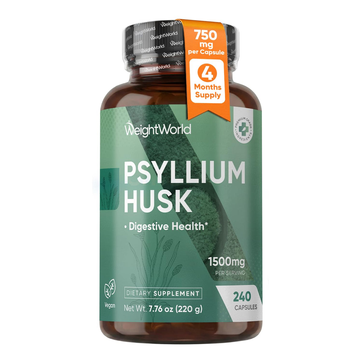 Flacon de capsules de psyllium WeightWorld 1500mg, vue de face