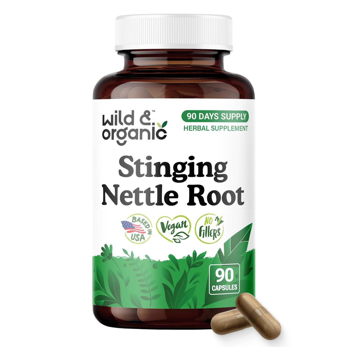 Flacon de capsules de racine d'ortie Wild & Organic vue de face