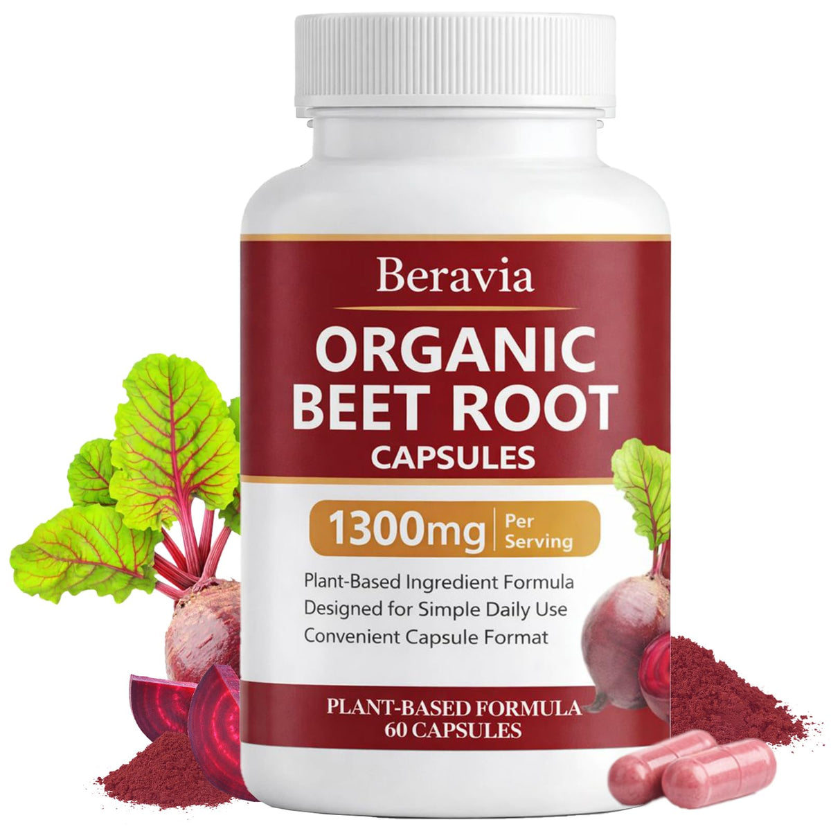 Flacon de capsules de racine de betterave biologique Beravia, 60 capsules