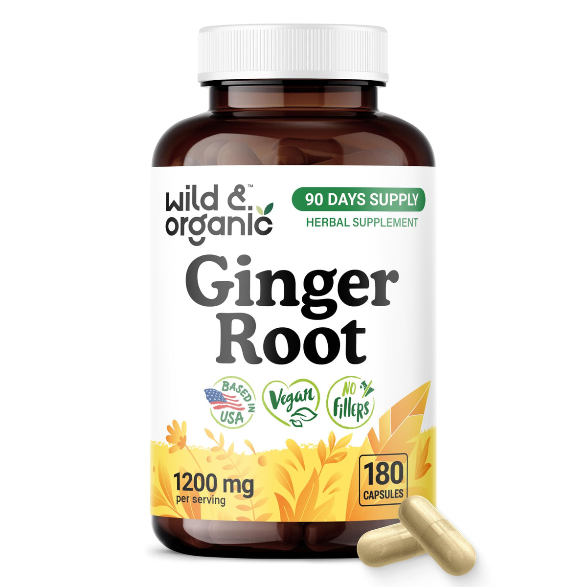 Flacon de capsules de racine de gingembre Wild & Organic 1200 mg, 180 comprimés