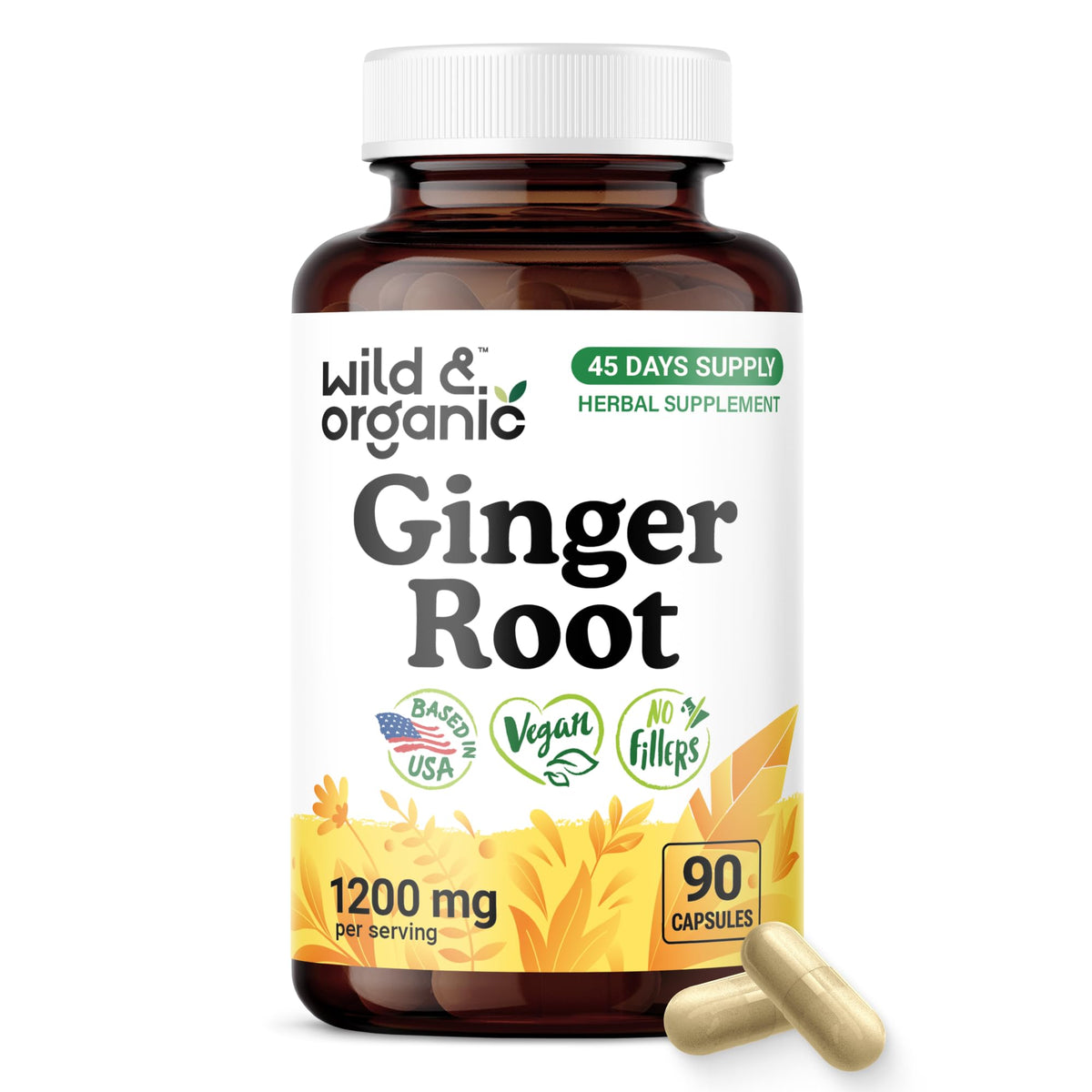 Flacon de capsules de racine de gingembre Wild & Organic, 90 comprimés