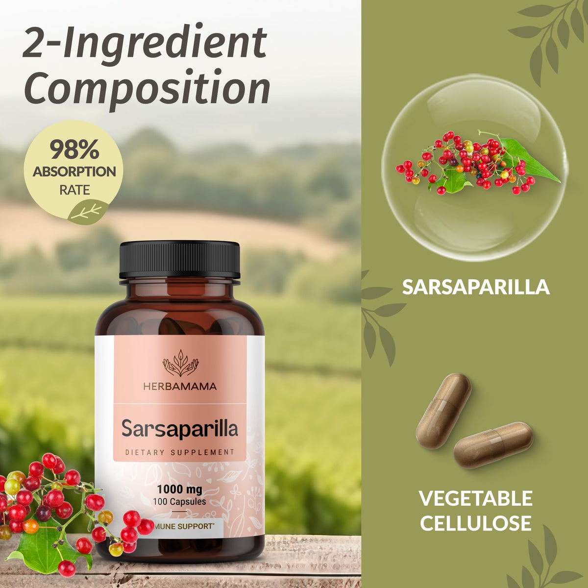 Flacon de capsules de racine de sarsaparille HERBAMAMA ouvert