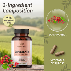 Flacon de capsules de racine de sarsaparille HERBAMAMA ouvert
