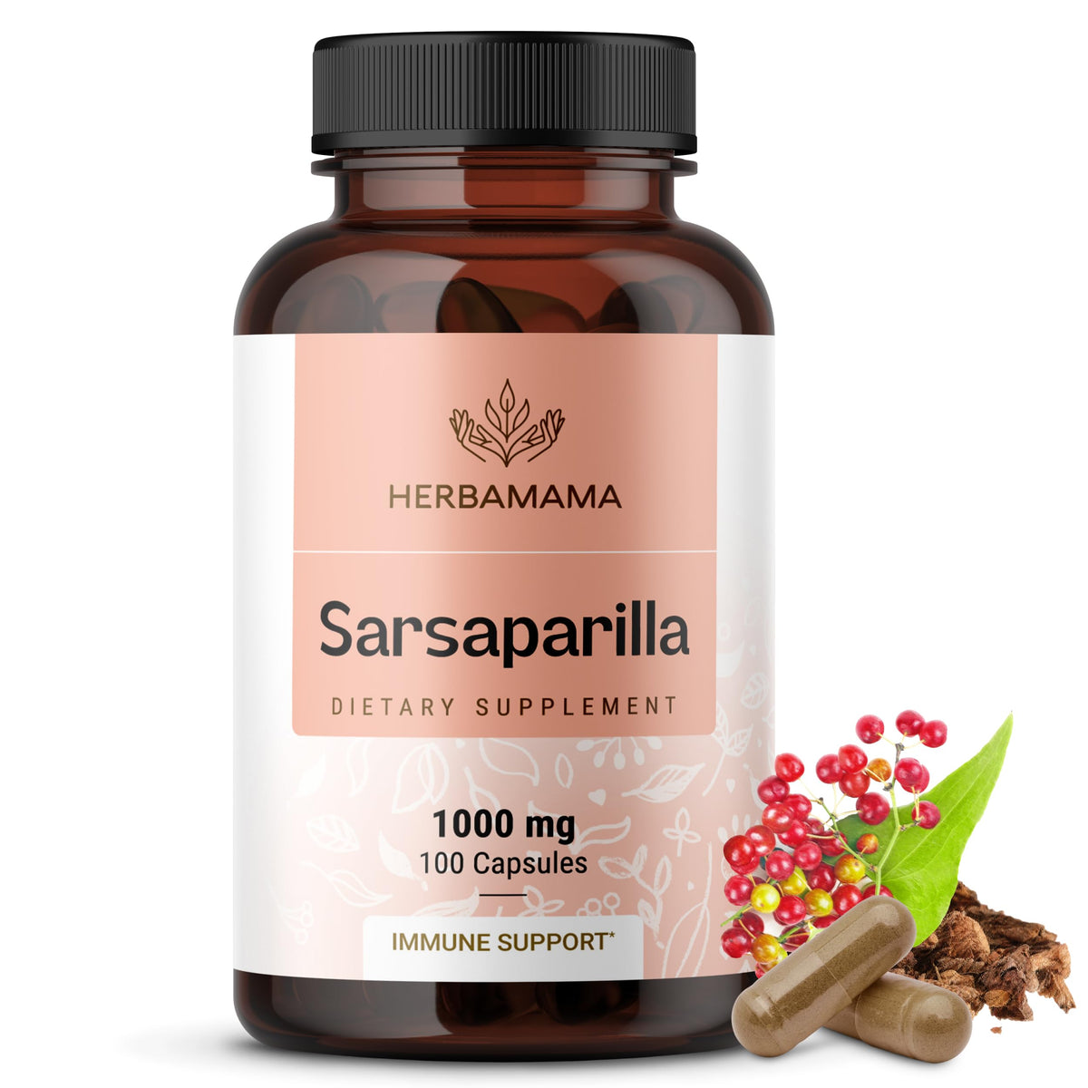 Flacon de capsules de racine de sarsaparille HERBAMAMA vue de face