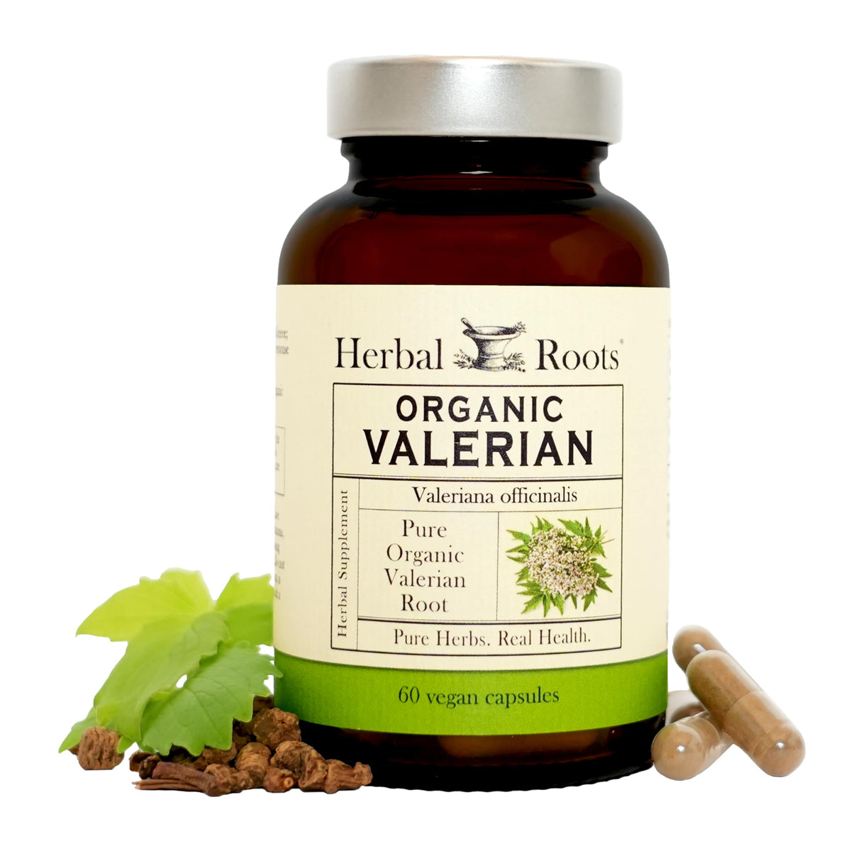 Flacon de capsules de racine de valériane bio Herbal Roots, 60 capsules vegan