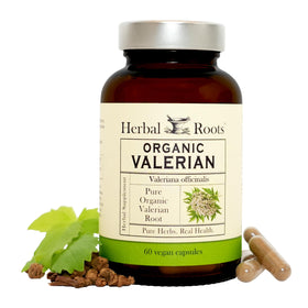 Flacon de capsules de racine de valériane bio Herbal Roots, 60 capsules vegan
