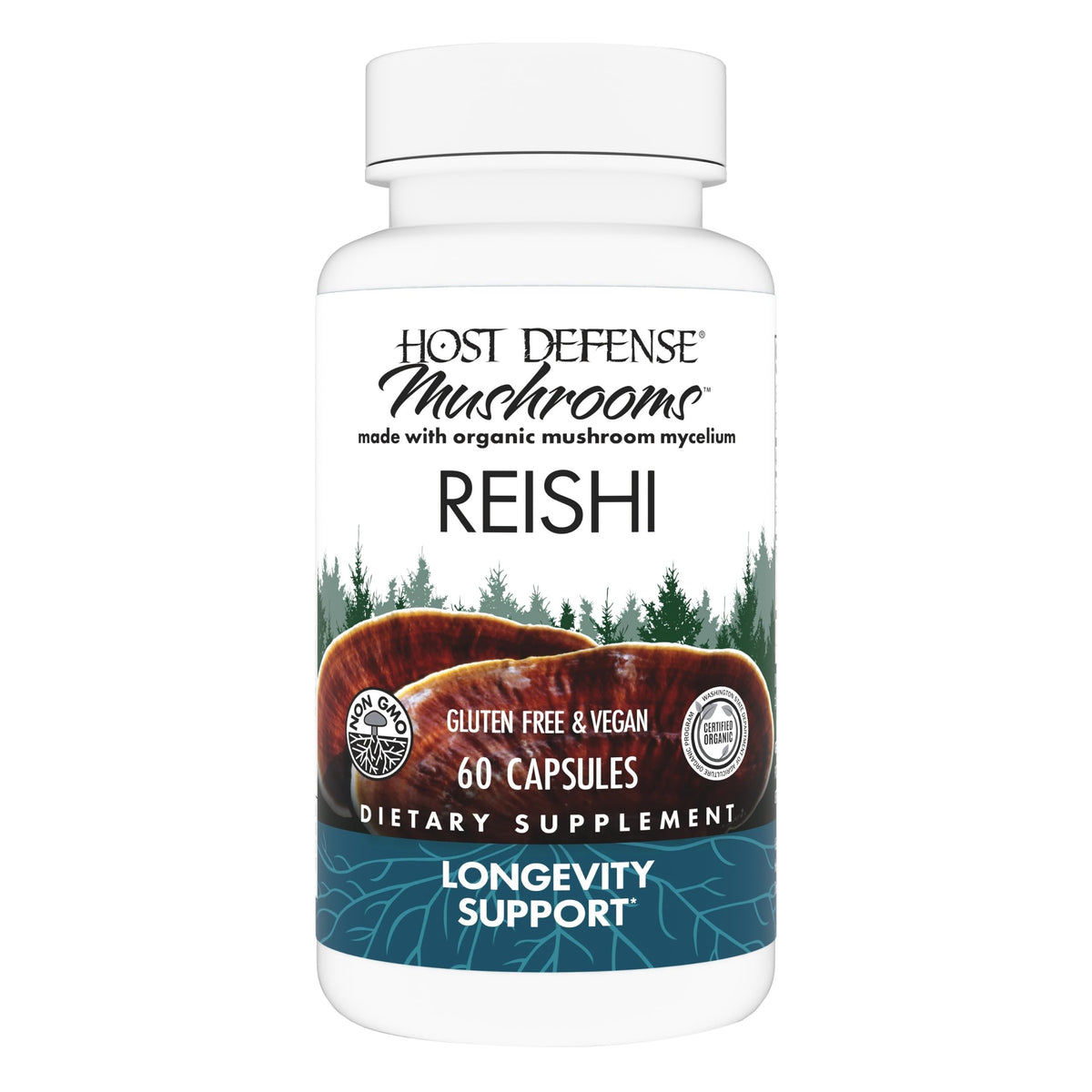 Flacon de capsules de Reishi Host Defense, 60 unités, vue de face