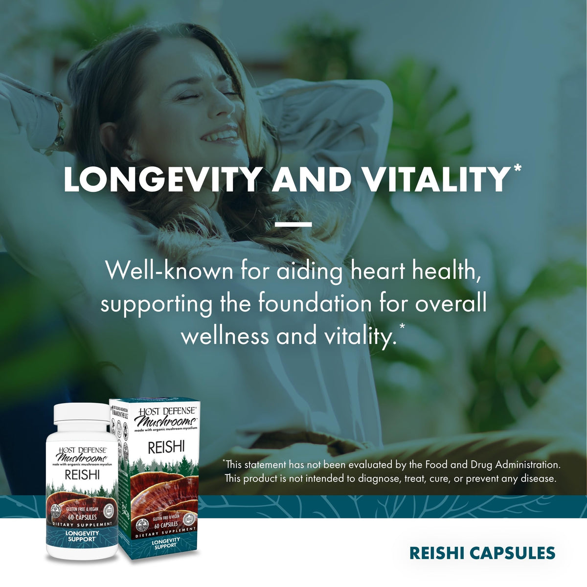 Flacon de capsules de Reishi Host Defense avec fond neutre
