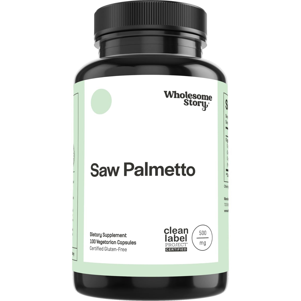 Flacon de capsules de Saw Palmetto Wholesome Story 500mg, vue de face