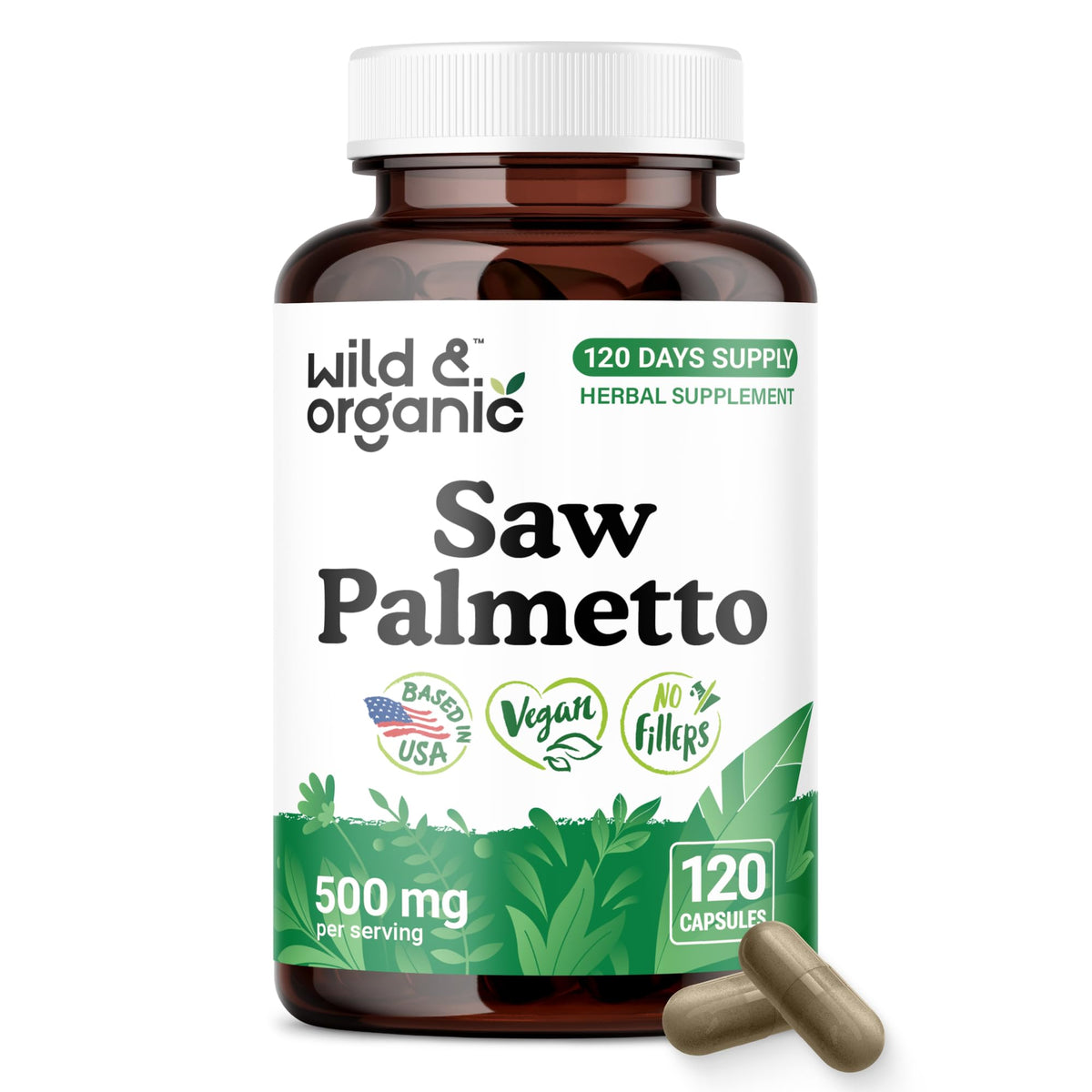 Flacon de capsules de Saw Palmetto Wild & Organic 500 mg vue de face