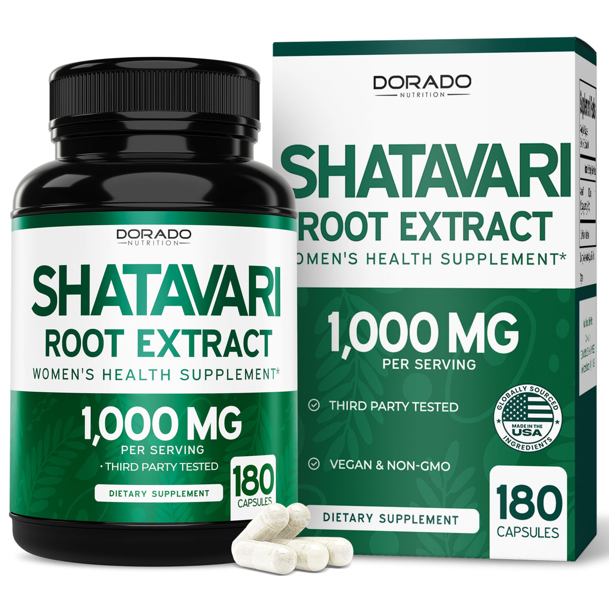 Flacon de capsules de Shatavari DORADO NUTRITION de 1000mg, 180 capsules