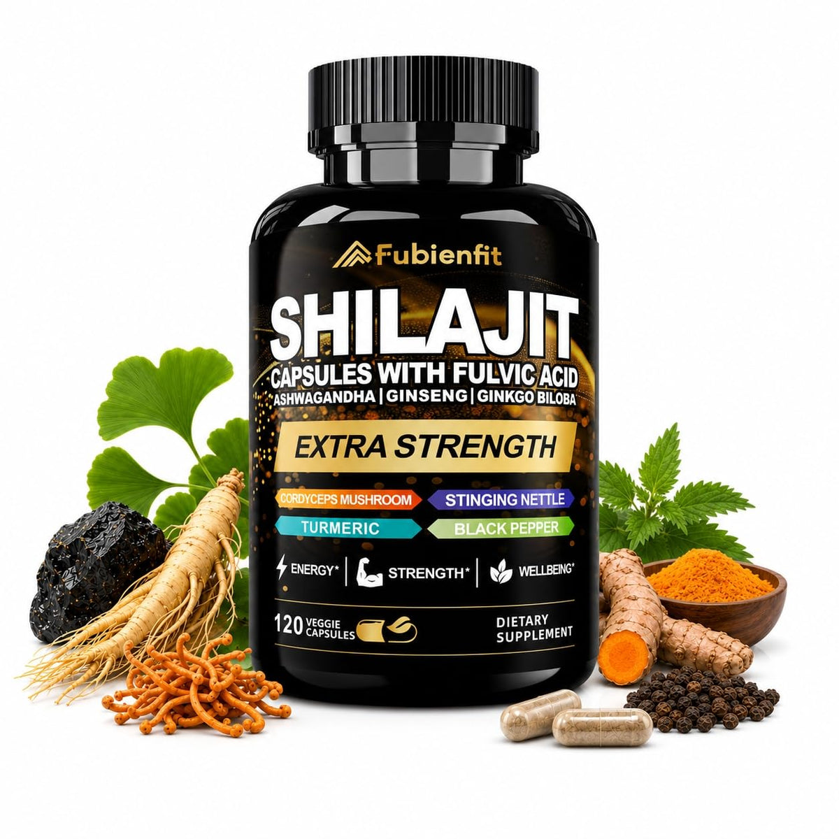 Flacon de Capsules de Shilajit Fubienfit avec étiquette visible