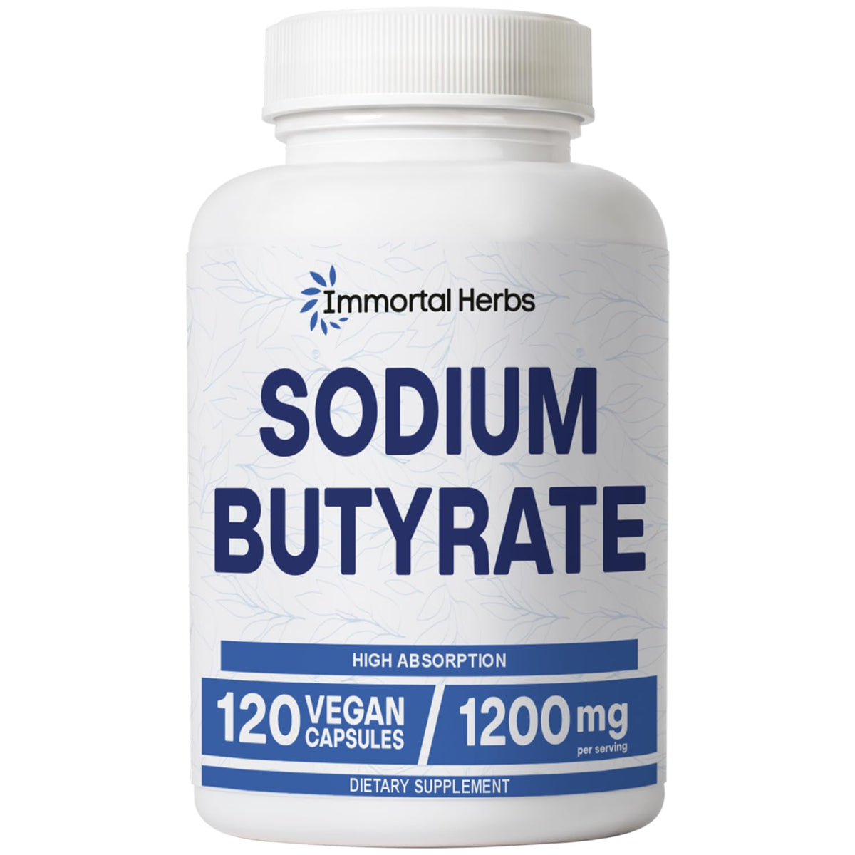 Flacon de capsules de Sodium Butyrate 1200mg Immortal Herbs, vue de face