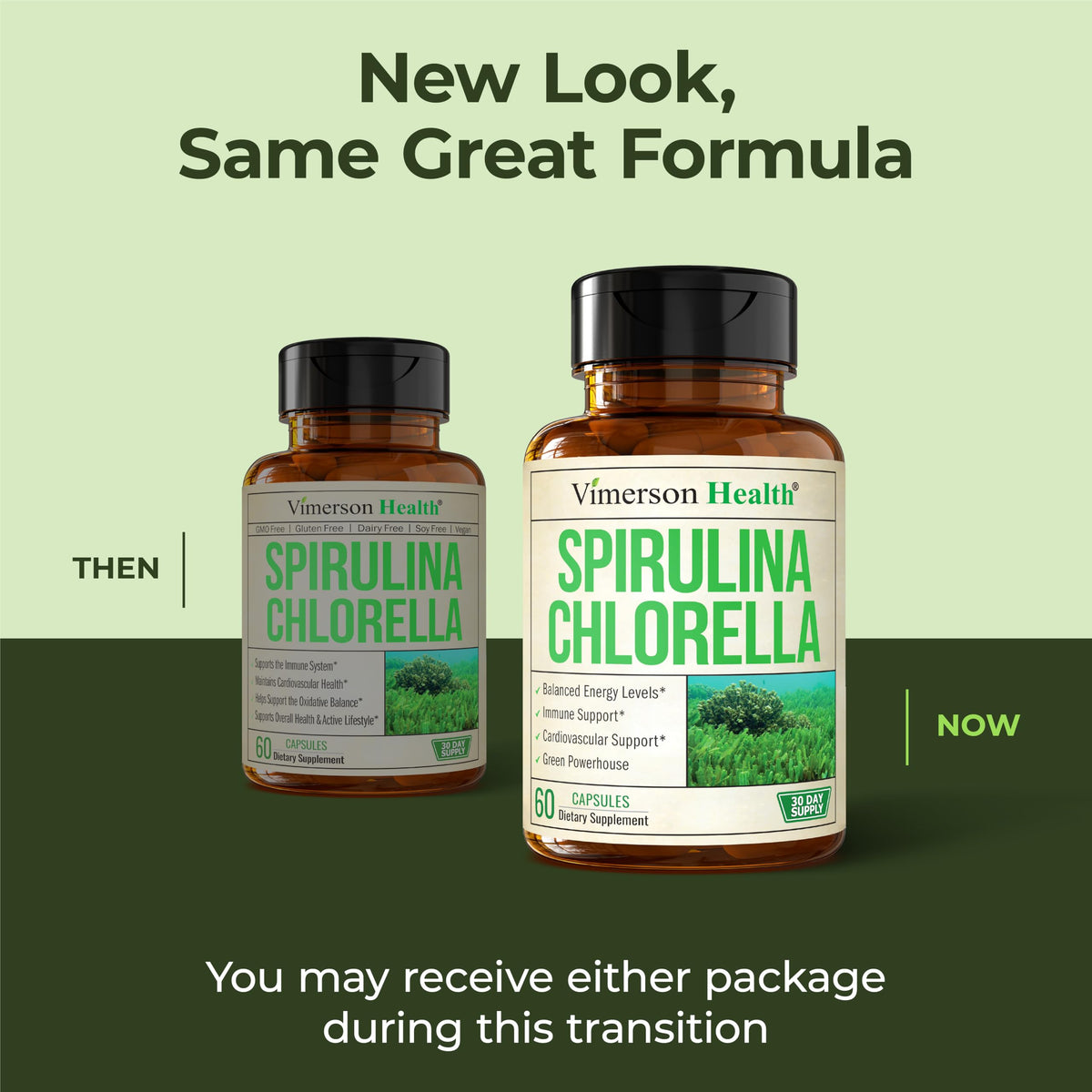 Flacon de capsules de Spiruline et Chlorelle Vimerson Health ouvert