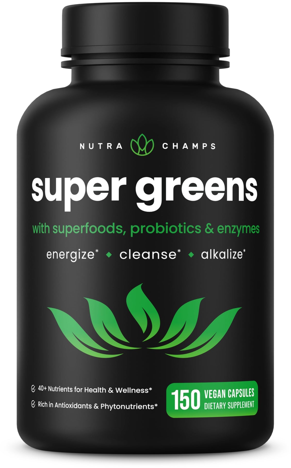 Flacon de capsules de Super Aliments Verts Bio NutraChamps vue de face