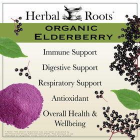 Flacon de capsules de sureau noir bio Herbal Roots avec étiquette visible